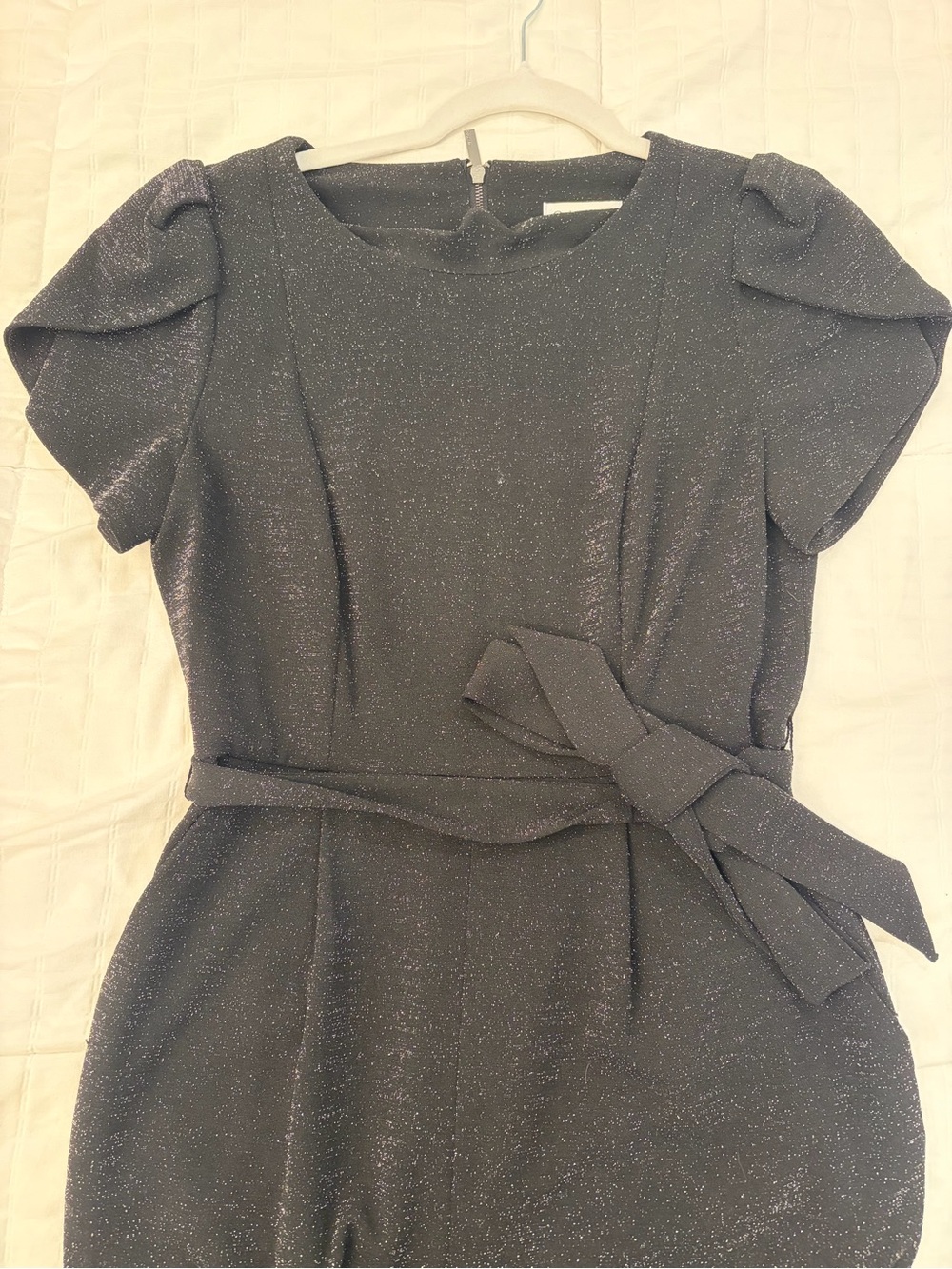 Calvin Klein Metallic-Thread Short-Sleeve Belted Midi Dress - Black